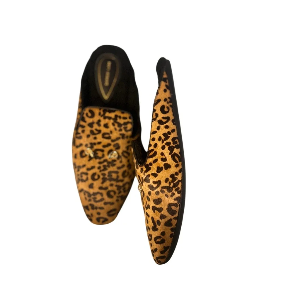 Derek Lam Leopard Calf Hair Shearling Lined Mules Gold Ram Head‎ Loafers
